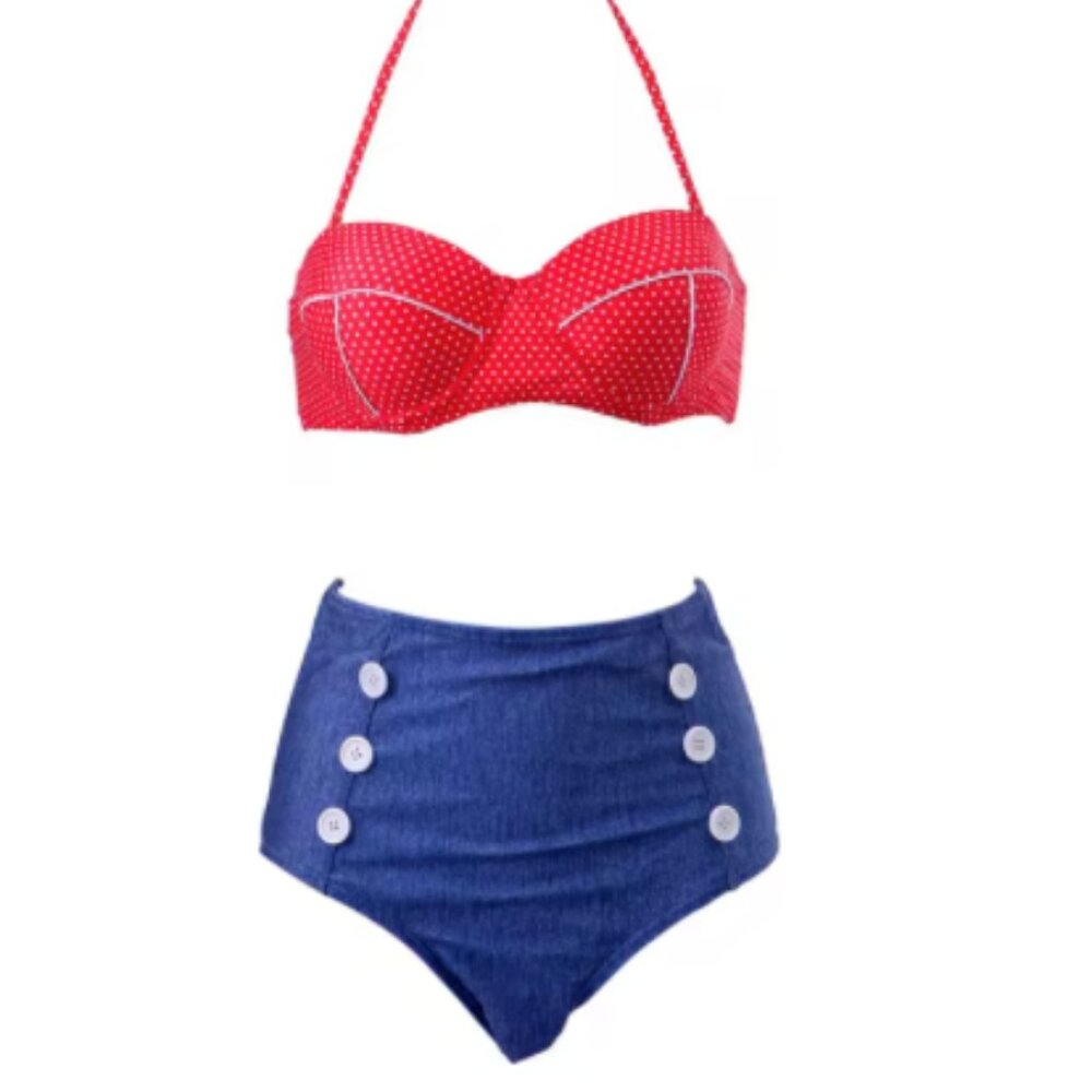 High-waisted bikini with retro design Blue and Red Brand New